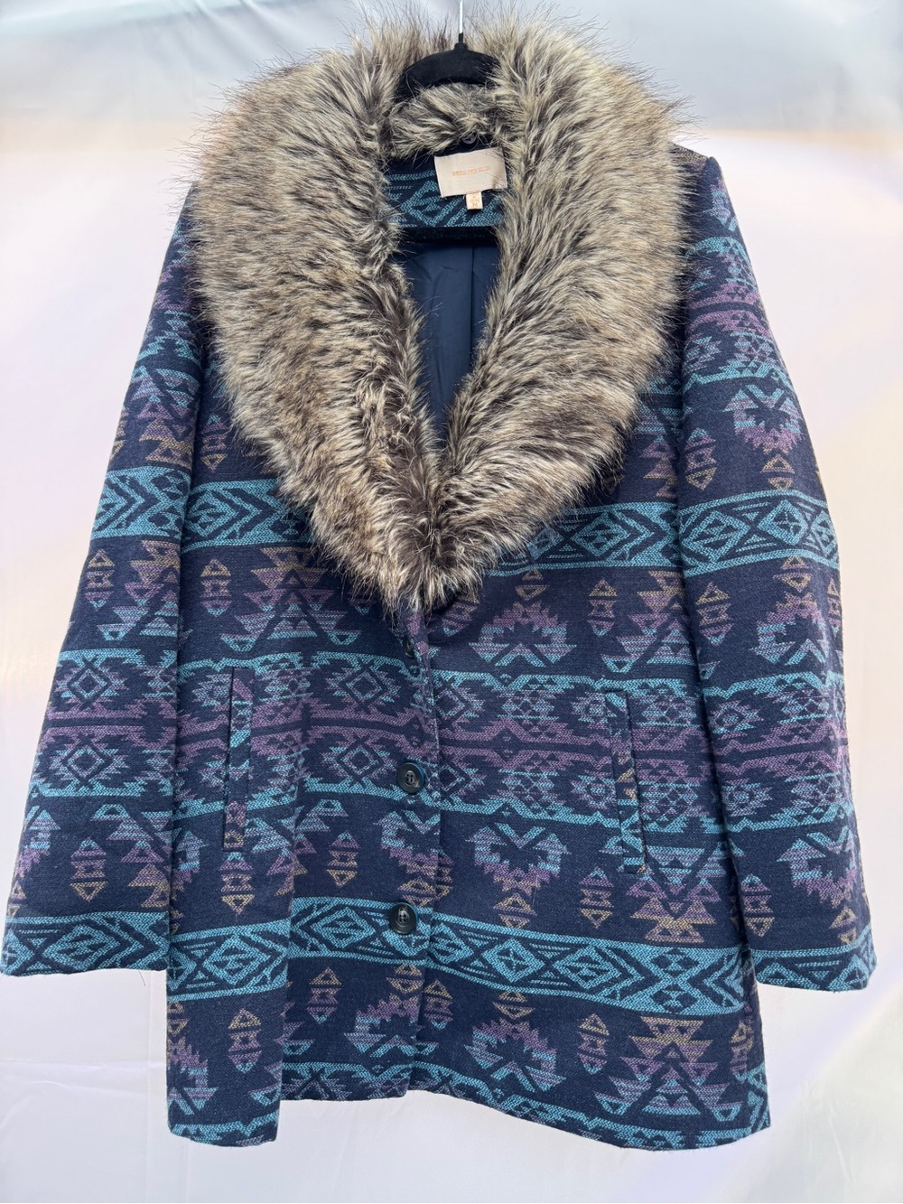 Women’s Aztec Geometric Wool Blend Coat w/ Removable Faux Fur Collar Size Medium